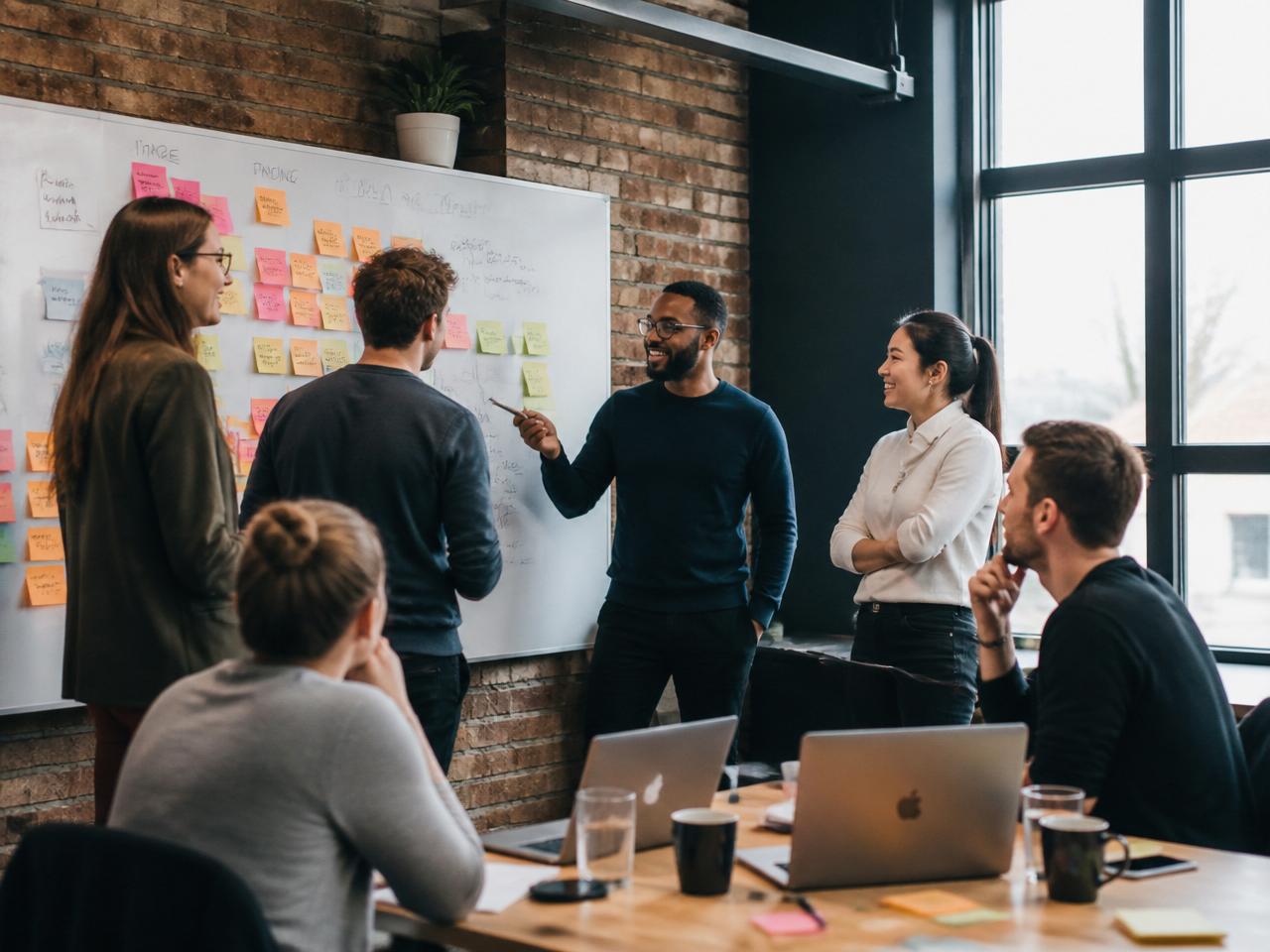 Young, diverse English startup team collaborating around a sticky-note covered whiteboard in a bright modern London office